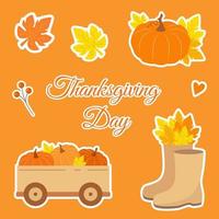 Thanksgiving stickers set. Text design. Vector illustration of autumn elements. Pumpkin, leaves, rubber boots.