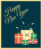 New Year greeting card. Vector illustration of holiday gift boxes. Happy New Year text design.