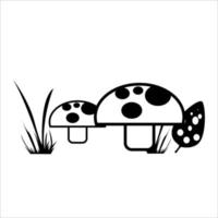 mushrooms and grass in monochrome color line art style vector
