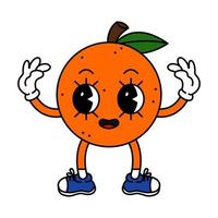 Funny fruit character in trendy retro cartoon style. Vector illustration of orange isolated on white background.