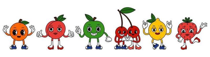 Set of funny fruits characters in trendy retro cartoon style. Vector illustration of cherry, peach, strawberry, orange, apple and lemon.