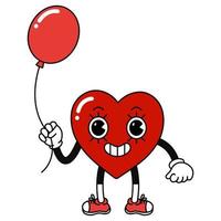 Heart character with balloon in retro cartoon style. Valentines day concept. Flat vector illustrations on white background.