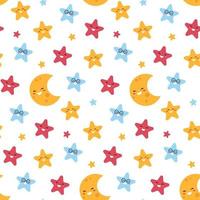 Seamless pattern with cute stars and moon on white background. vector