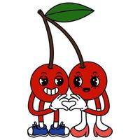 Funny fruit characters in trendy retro cartoon style. Vector illustration of cherry isolated on white background.