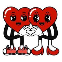 Heart characters in retro cartoon style. Valentines day concept. Flat vector illustrations on white background.