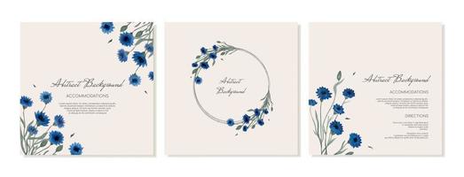 Set of square backgrounds, social media banners and postcards in rustic style with blue flowers. Vector template