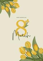 tarjeta postal para marzo 8 en amarillo antecedentes con amarillo acuarela tulipanes Felicidades en De las mujeres día. vector modelo