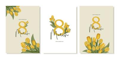 un conjunto de internacional De las mujeres día, marzo 8 saludo tarjetas con amarillo acuarela tulipanes vector modelo