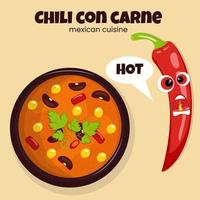 Mexican cuisine traditional dish chili con carne banner with funny chili pepper vector