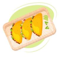 Tacos on the wood cutting board. Banner, poster, social media post template. Top view. Latin American cuisine. vector