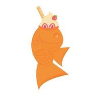 Taiyaki ice cream with strawberry. Fish cake. Japanese dessert cartoon style. Vector illustration.