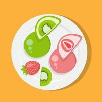 Japanese sweet colorful mochi on the plate decorated with strawberries and kiwi. Vector illustration. Top view.