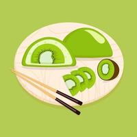 Japanese sweet colorful daifuku on the wooden cutting board decorated with kiwi. Vector illustration. Top view.