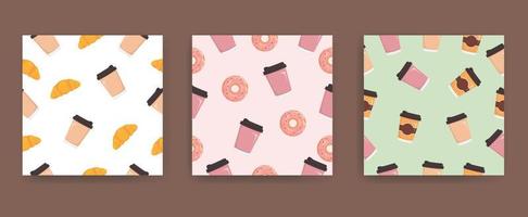Seamless pattern collection with donuts and paper coffee cup. vector