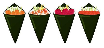 Temaki sushi with different fillings. Vector illustration.