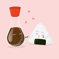 Soy sauce and onigiri in love. Kawaii emotions. Cartoon style. vector