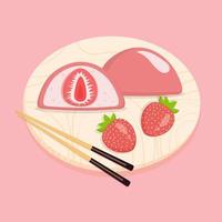 Japanese sweet colorful daifuku on the wooden cutting board decorated with strawberry. Vector illustration. Top view.