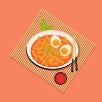 Korean rice cake. Food banner. Tteokbokki in plate served with bamboo mat. vector