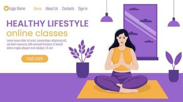 modelo para web, aterrizaje página con niña haciendo yoga ejercicios a hogar. vector