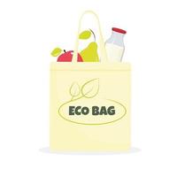 Cotton eco reusable bag full of products. Isolated on white background. vector