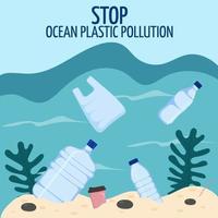 Ocean plastic pollution. Different type of plastic waste. vector