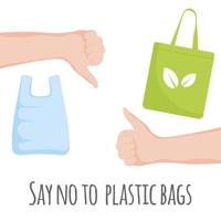 Say no plastic poster with thumbs up, thumbs down, plastic and eco bag vector