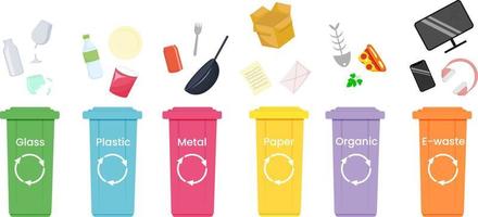 Waste management concept. Different type of waste with trash bin. vector