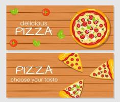 Pizzeria banner with wooden background. vector