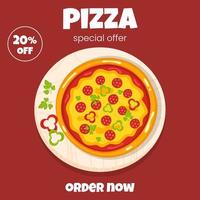 Food delivery banner with pizza on the wooden cutting board. vector