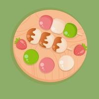 Japanese sweet , colorful mochi and dango on the wooden cutting board decorated with strawberries. Vector illustration. Top view.