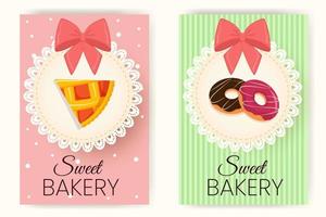 Bakery poster set with donuts and piece of pie decorated with bow. Cartoon style vector illustration.
