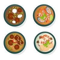 Asian soup set with different fillings. Top view vector