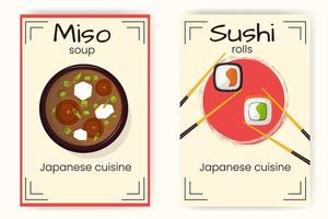 Japanese restaurant posters set with sushi rolls and miso soup. Vector illustration.