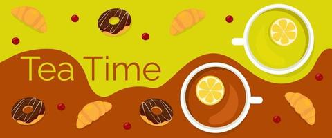 Banner with two cups of tea and different sweets. vector