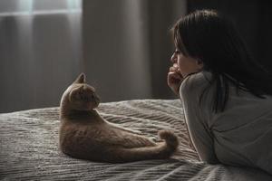 una hermosa joven en pijama yace en una cama en casa, junto a su gato británico de durazno foto