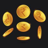 indian currency rupee. rupee gold coin on different angles vector