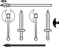 Vector line set of flat medieval weapons. Stylized historic weapons