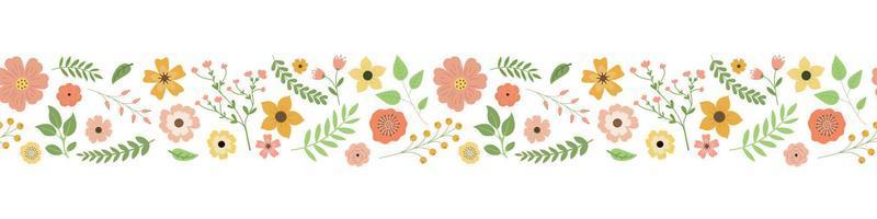 Cartoon spring flowers, leaves, and berries seamless border pattern. Isolated on white background. Colorful garden flowers in a row. Design for stickers, labels, and banners vector