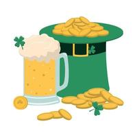 S t. patrick's día fiesta tema diseño con un verde duende sombrero, cerveza, y un lote de oro monedas aislado en blanco antecedentes. vector