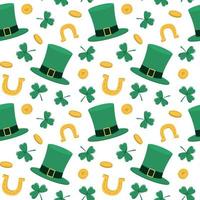 Gold coins, leprechaun hat, horseshoe and clover. Vector seamless pattern. Isolated on a white background. Seasonal design for St. Patrick's Day print, covers