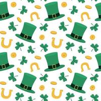 Gold coins, leprechaun hat, horseshoe and clover. Vector seamless pattern. Isolated on a white background. Seasonal design for St. Patrick's Day print, covers