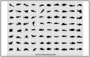 Fish sorts and types. Various freshwater fish. Hand drawn vector illustrations of different inland sorts.Over hundred silhouettes.