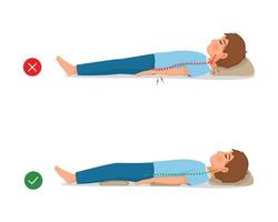 Incorrect and correct neck, spine and knee alignment of young man back sleeping body postures vector