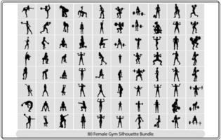 Big set of vector silhouettes of man and woman doing fitness, sport and yoga workout isolated on white background. Icons of sportive boy and girl practicing exercises in different positions.