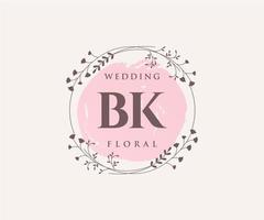 Plantilla de logotipos de monograma de boda con letras iniciales bk, plantillas florales y minimalistas modernas dibujadas a mano para tarjetas de invitación, guardar la fecha, identidad elegante. vector