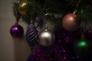 Christmas decoration. Garlands on Christmas tree. Christmas decorations. photo