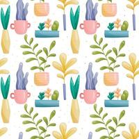 Seamless vector pattern of images of domestic fairy fantastic plants in pots and vases of various unusual shapes and bright colors with reflection. Large and small leaves painted in gradient, cacti.