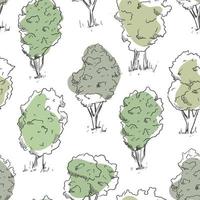 trees with lush leaf crown in sketch style, vector seamless pattern.