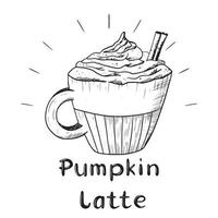 Cup of pumpkin coffee latte with cream and cinnamon stick. Handwritten lettering. Vector isolated sketch illustration.