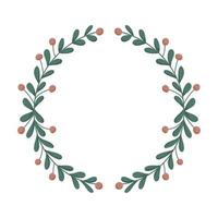 Vector design element, round herbal wreath or frame of twigs, leaves and berries.